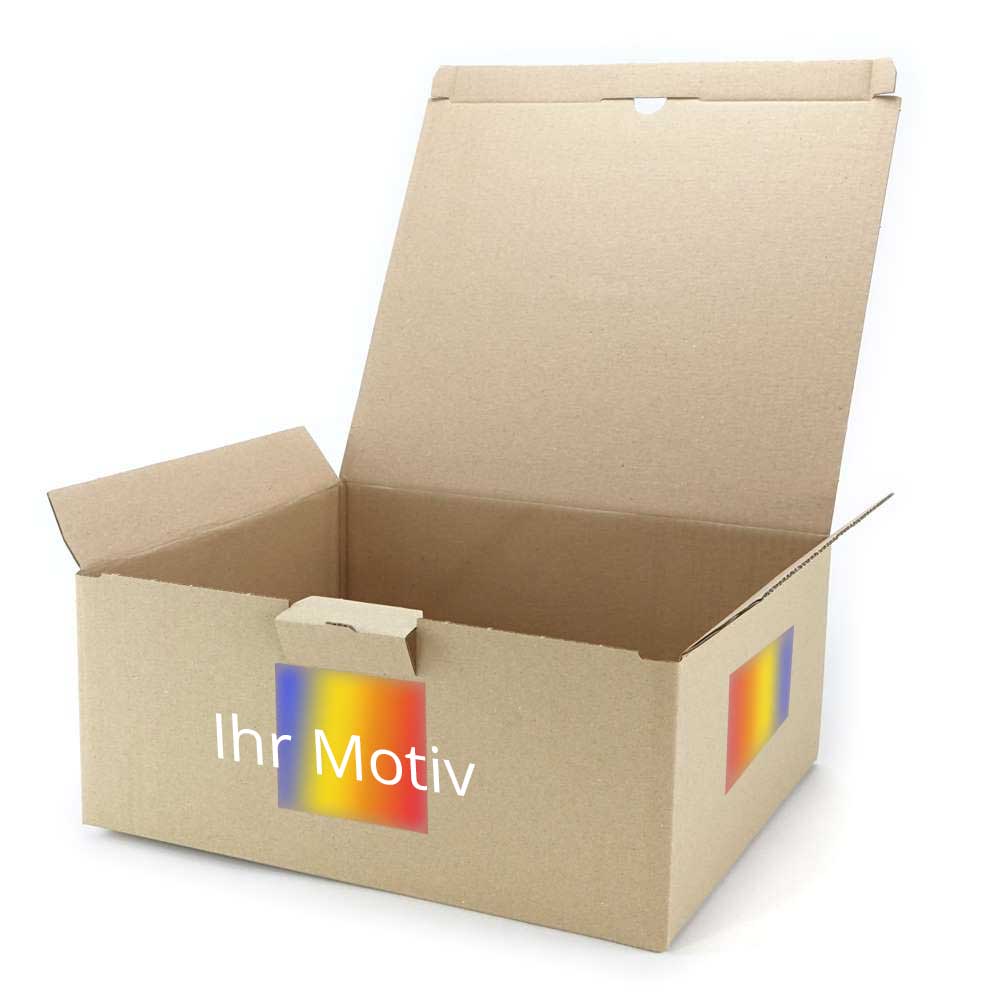 350 x 300 x 150 mm Warensendungs-Karton braun (Außenmaß) mit Digitaldruck 2-seitig bedruckt (zwei nebeneinander liegende Seiten) freie Positionierung - Druckfläche bis 30 %