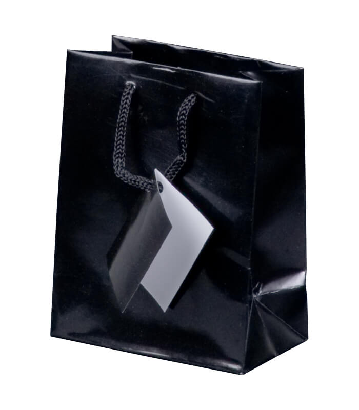 Präsent-Tragetasche Hochglanz mit Kordel und Karte, 114 x 64 x 146 mm, schwarz