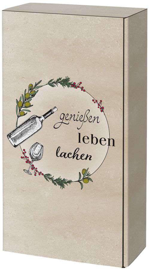 Geschenkbox grau/weiß "genießen, leben, lachen" 2er Wein/Sekt Geschenkbox grau/weiß "genießen, leben, lachen" 2er Wein/Sekt