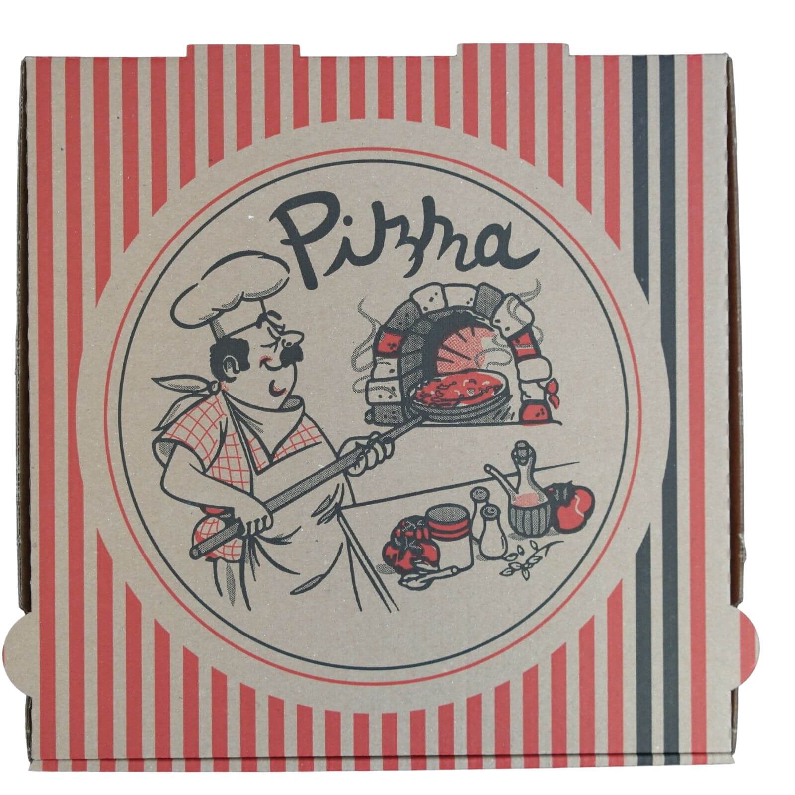 Brauner Pizzakarton extra hoch, neutraler Druck, 28 x 28 x 4,0 cm