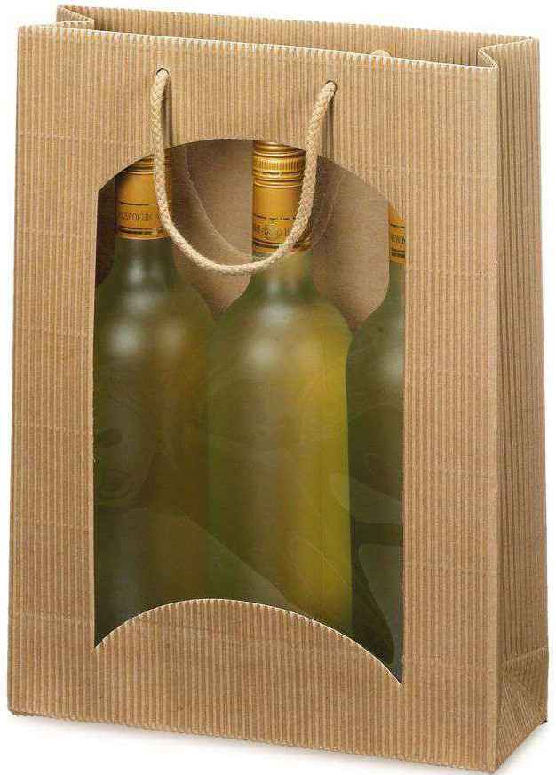 Geschenktüten offene Welle mit Fenster 3er Wein/Sekt Natur
