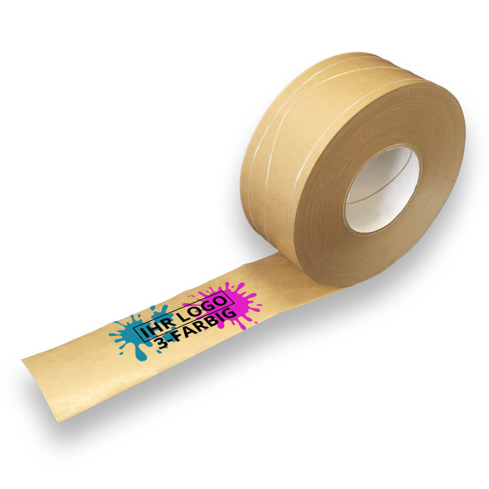 Nassklebeband Fadenverstärkt Stärkeleim individuell bedruckt braun, 70 mm x 200 m, 3-farbig