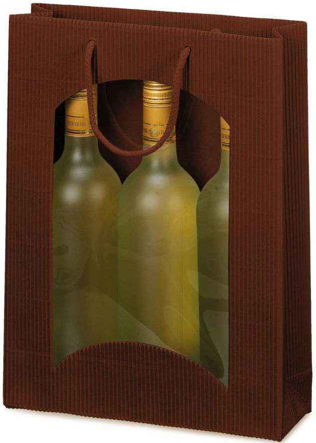 Geschenktüten offene Welle mit Fenster 3er Wein/Sekt Schokobraun