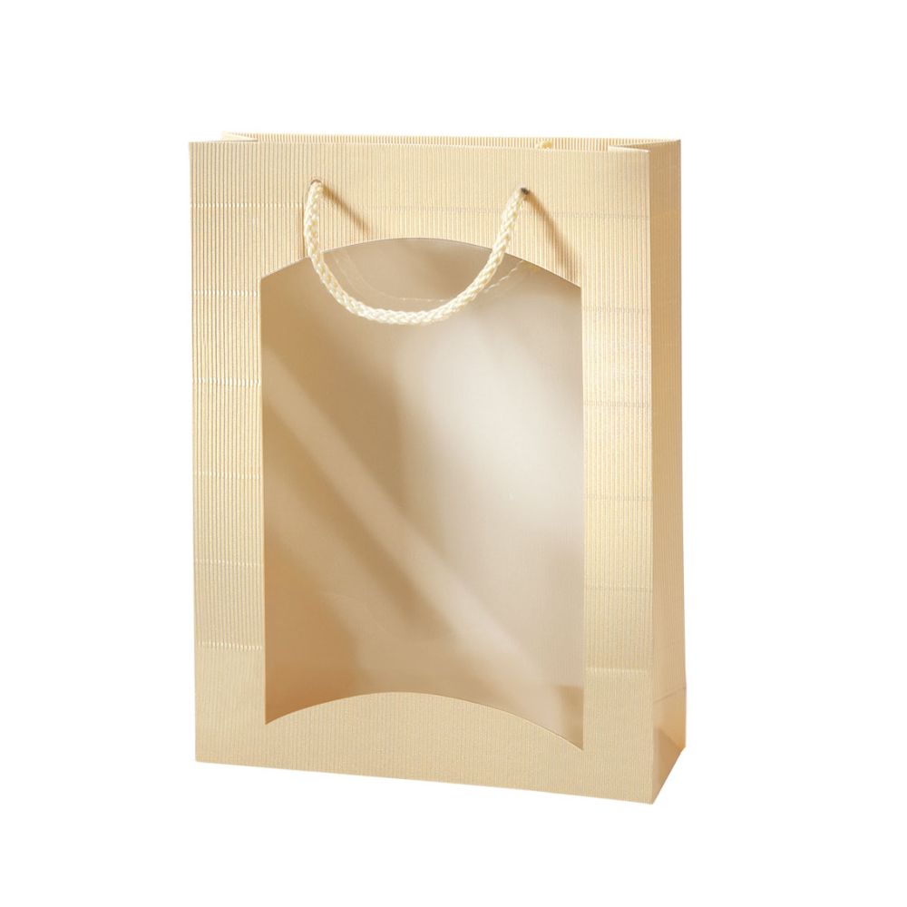 Geschenktüten offene Welle, Kordel und Folienfenster, 255 x 85 x 360 mm, creme