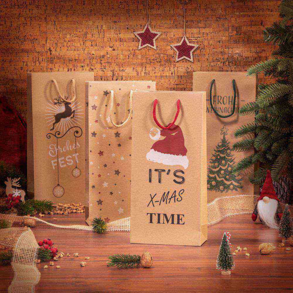 Tragetasche Kraftpapier Natur 4er Set mit Aufdruck für 2er Wein/Sekt Design "Weihnachten"
