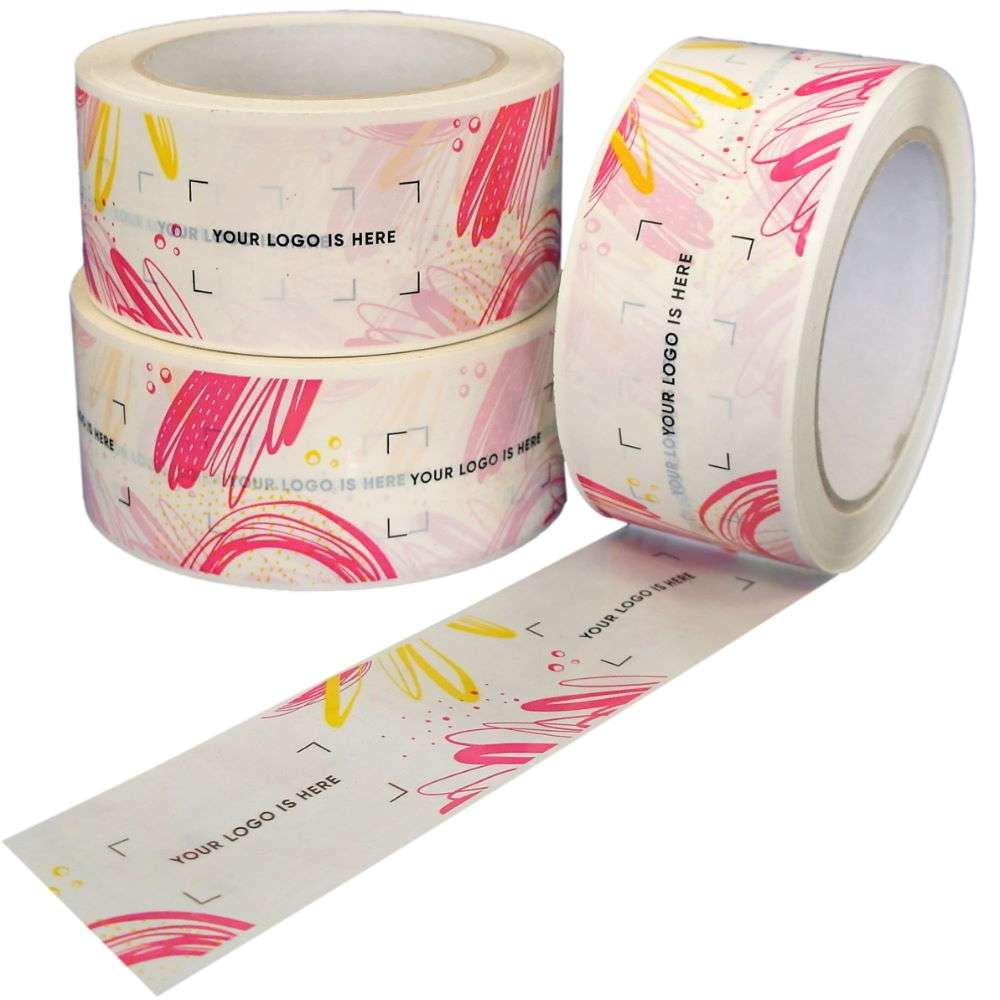 PP Klebeband weiß, individuell bedruckt, Naturkautschuk, S-PVC, 50 mm x 66 m, 33 µ 3-farbig