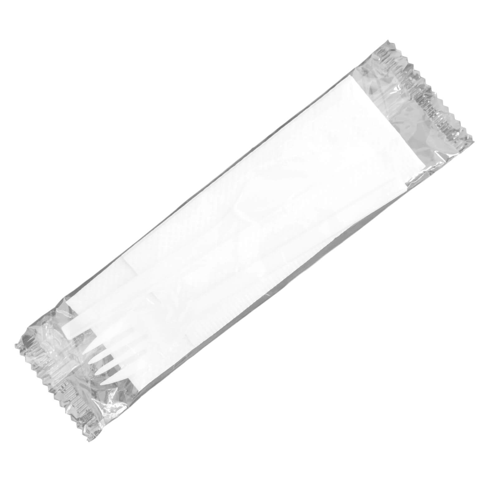 weißes Einweg Besteck Set 3-teilig (Messer, Gabel, Serviette) weißes Einweg Besteck Set 3-teilig (Messer, Gabel, Serviette)