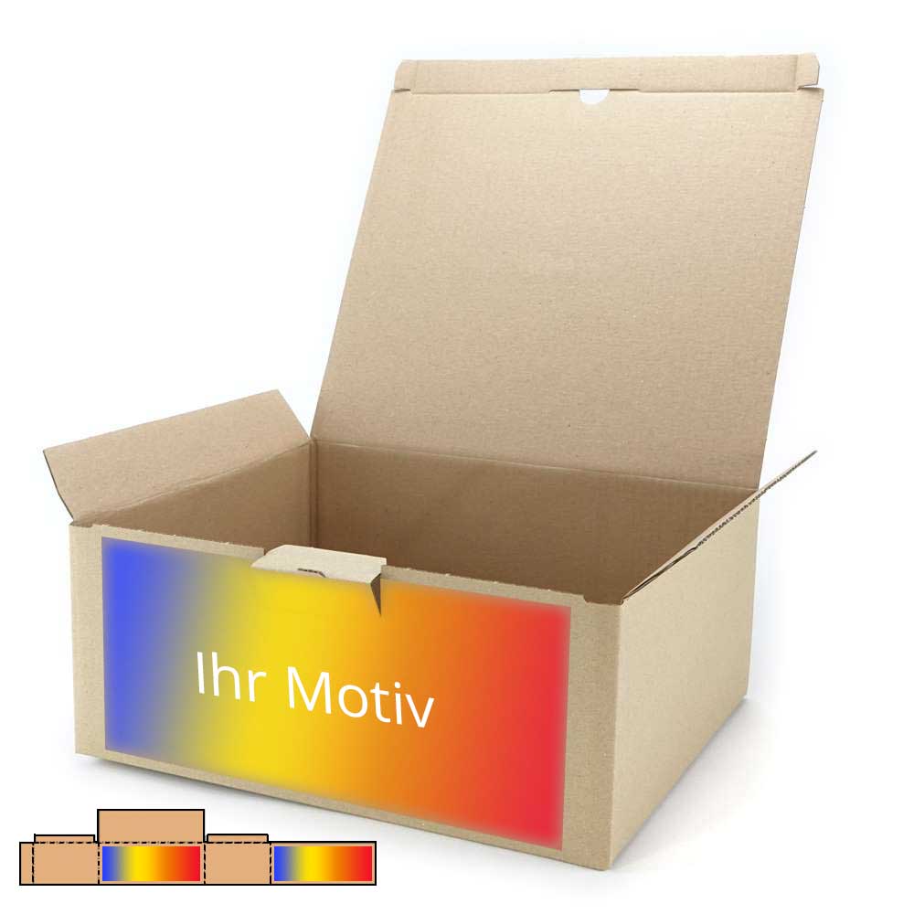350 x 300 x 150 mm Warensendungs-Karton braun (Außenmaß) mit Digitaldruck 2-seitig bedruckt (zwei gegenüberliegende Seiten) maximale Druckfläche