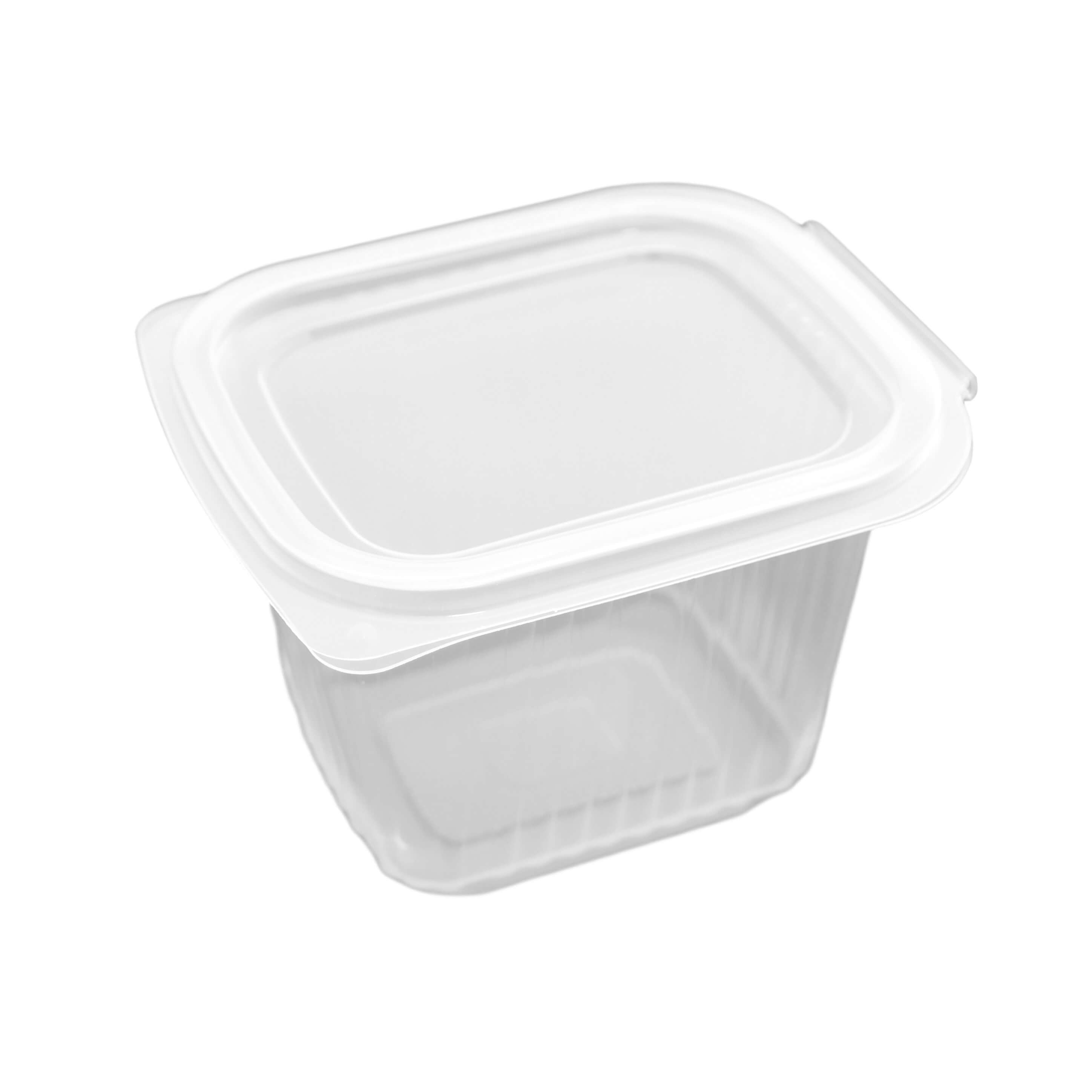 transparenter eckiger Feinkostbecher PP mit Klappdeckel 500 ml (127 x 105 x 82 mm)