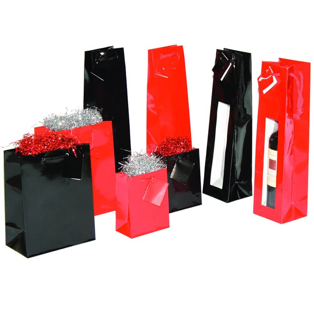 Präsent-Tragetasche Hochglanz mit Kordel und Karte, 180 x 100 x 227 mm, schwarz