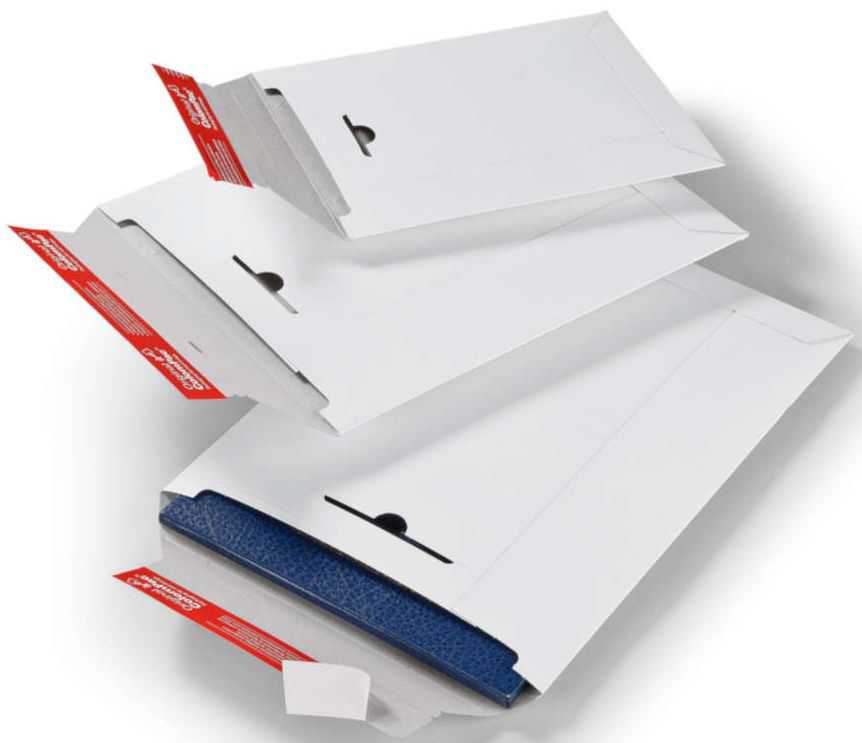 Versandtasche aus weißer Vollpappe 260 x 345 x 0-30 mm