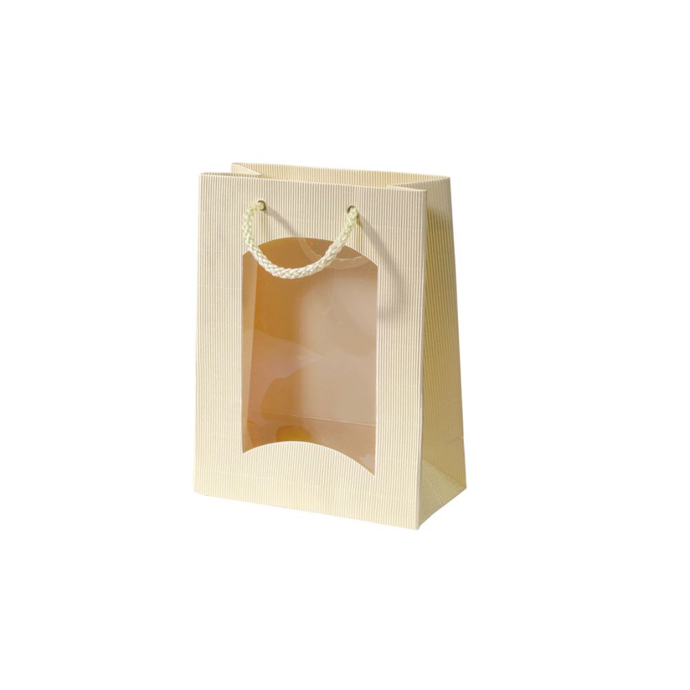 Geschenktüten offene Welle, Kordel und Folienfenster, 175 x 85 x 210 mm, creme