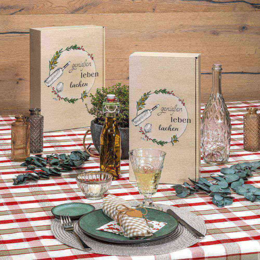 Geschenkbox grau/weiß "genießen, leben, lachen" 3er Wein/Sekt