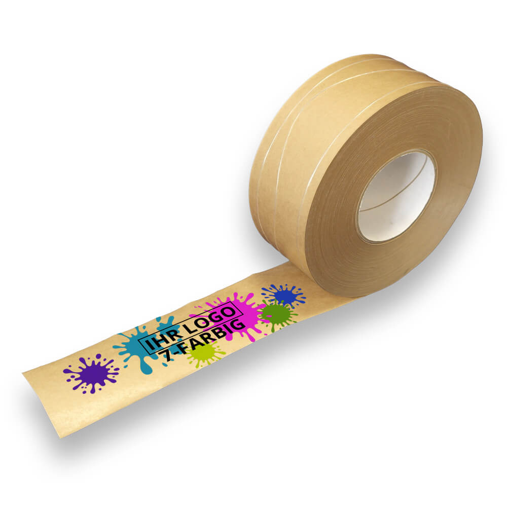 Nassklebeband Fadenverstärkt Stärkeleim individuell bedruckt braun, 70 mm x 200 m, 7-farbig