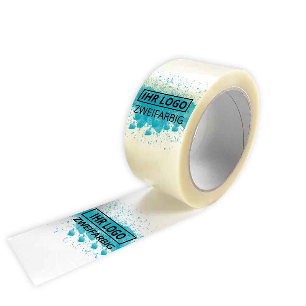 PP Klebeband transparent, individuell bedruckt, Naturkautschuk, 48 mm x 66 m, 25 µ 2-farbig