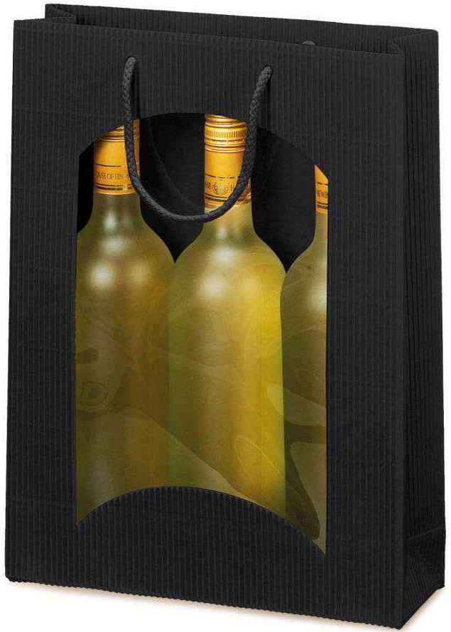 Geschenktüten offene Welle mit Fenster 3er Wein/Sekt Schwarz