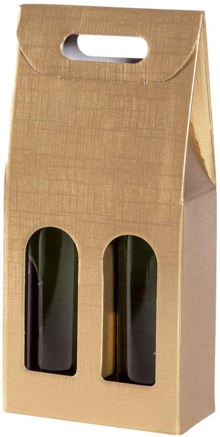 Geschenkbox Strukturprägung mit Tragegriff und Fenster 2er Wein/Sekt gold/weiß