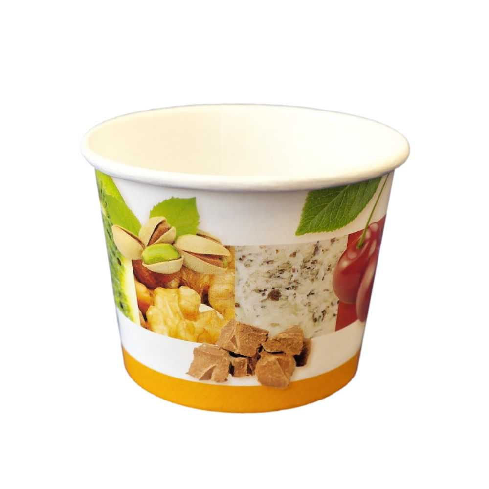 Eisbecher aus Pappe, rund, mit Motiv "freche Früchte" 170 ml (Höhe 55 mm, Ø oben 79 mm) Eisbecher aus Pappe, rund, mit Motiv "freche Früchte" 170 ml (Höhe 55 mm, Ø oben 79 mm)