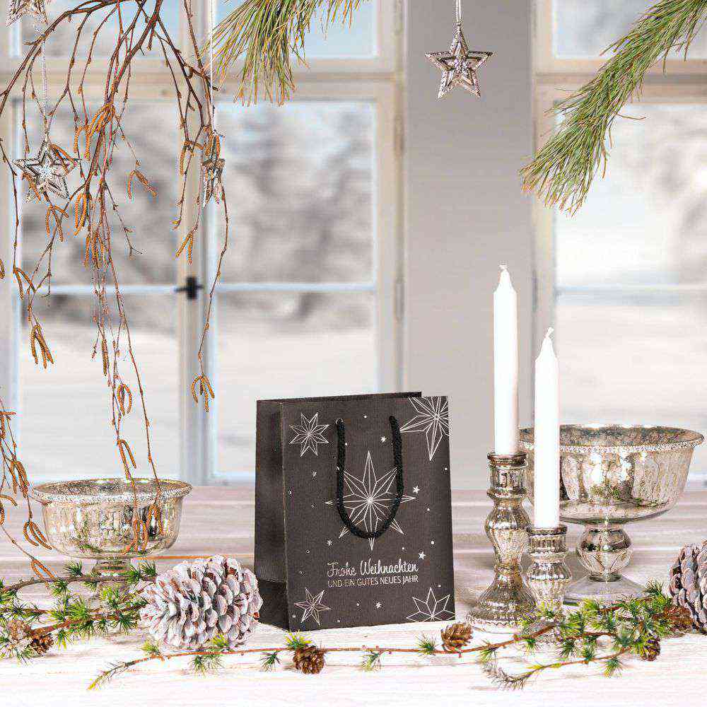 Geschenktüten Weihnachten Streifenprägung, schwarz "Sterne" 1er Bocksbeutel