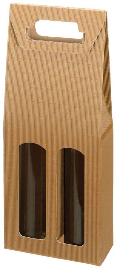 Geschenkbox offene Welle mit Tragegriff und Fenster 2er Wein/Sekt braun