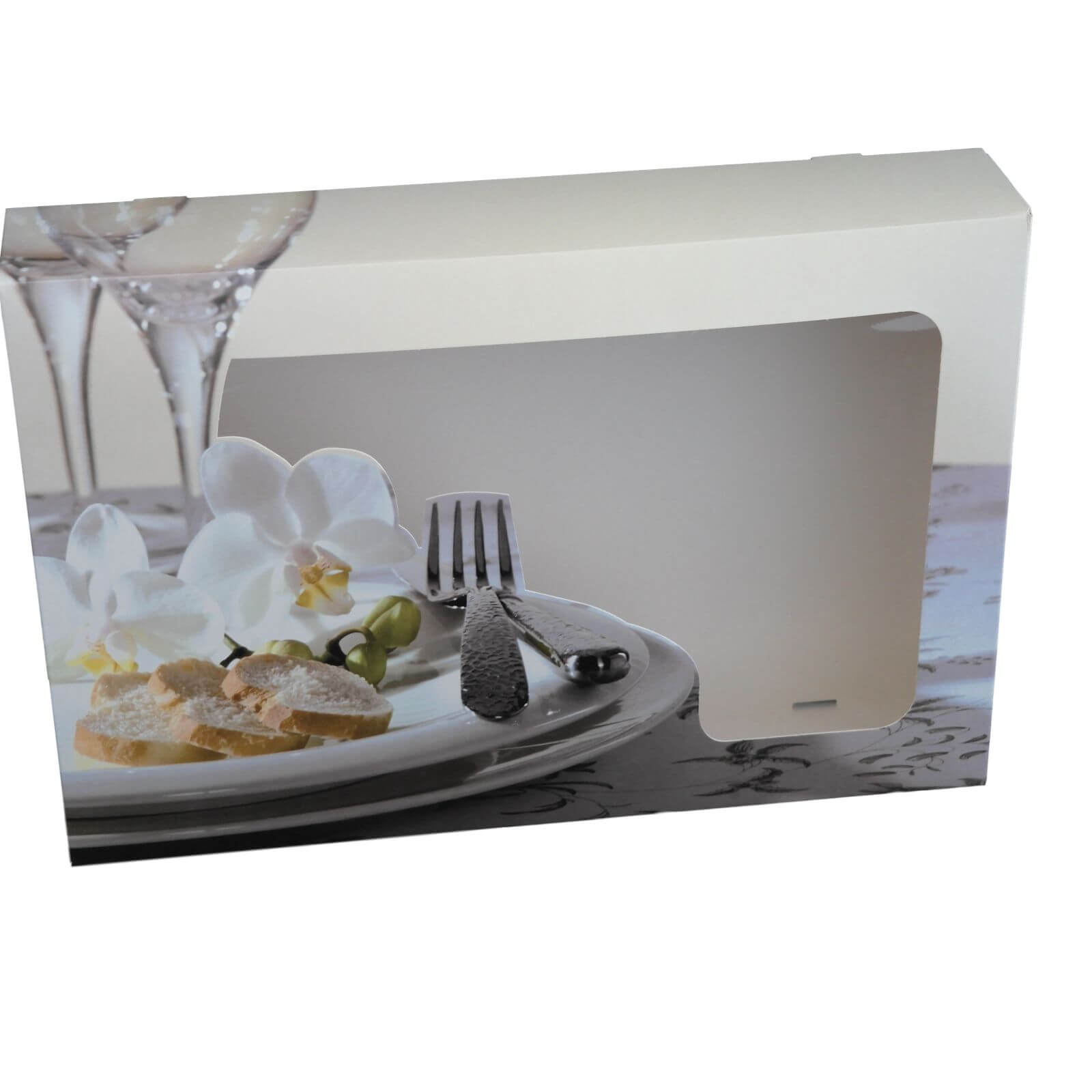 Transportkarton mit Fenster & Druck (Dinner) 460 x 310 x 80 mm für Servierplatte 45 cm
