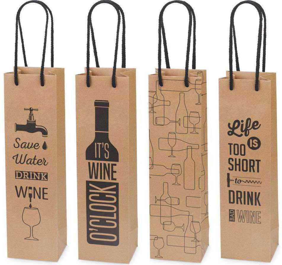 Tragetasche Kraftpapier Natur 4er Set mit Aufdruck für 1er Wein/Sekt Design "Wine"