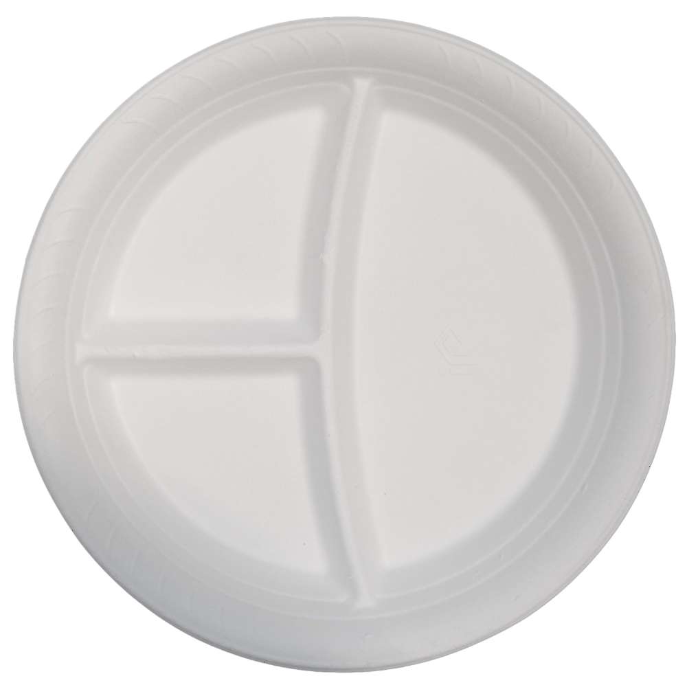 Bagasse Teller, weiß, rund 3-geteilt Ø 22,5 cm