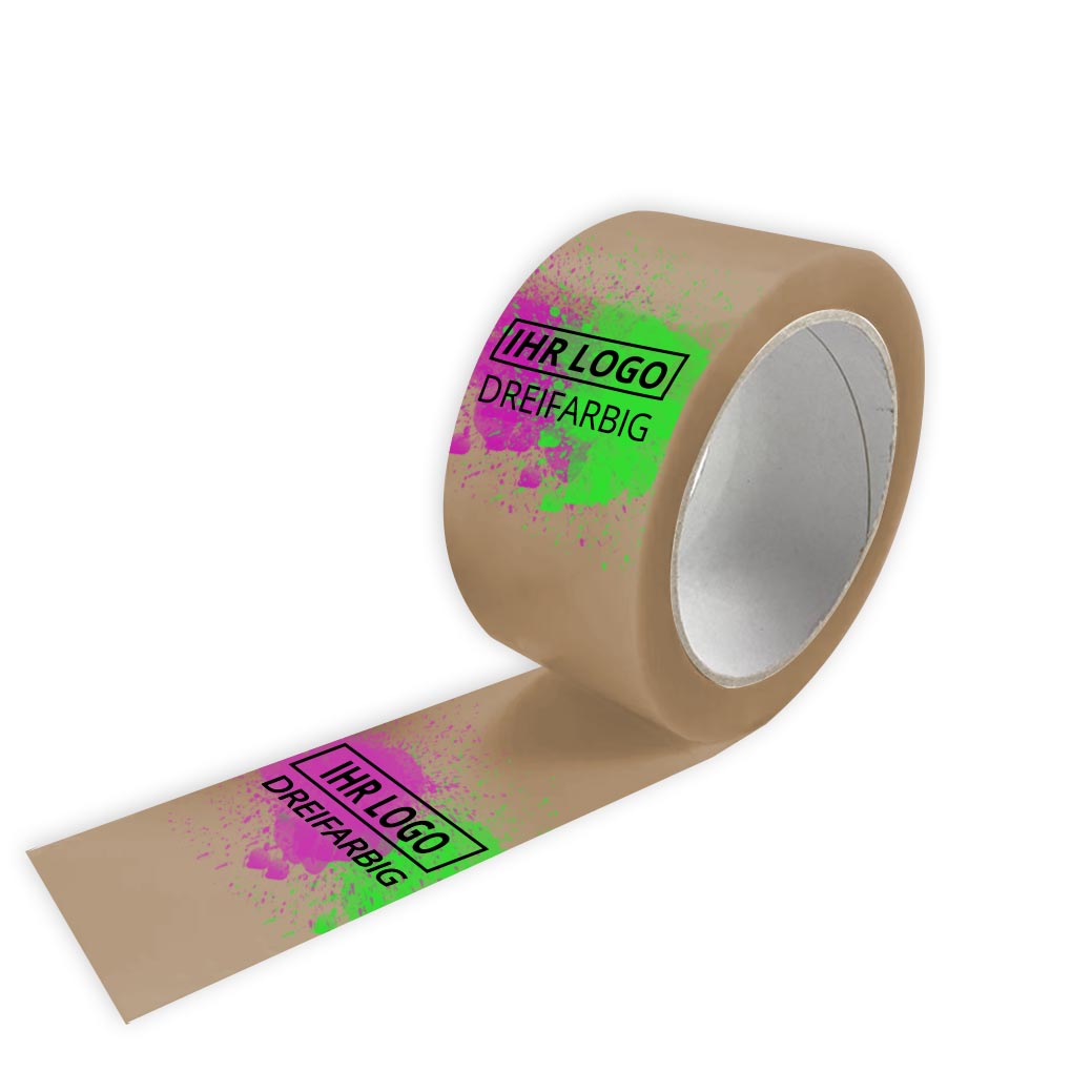 PP Klebeband braun, individuell bedruckt, Naturkautschuk, 48 mm x 66 m, 25 µ, 3-farbig