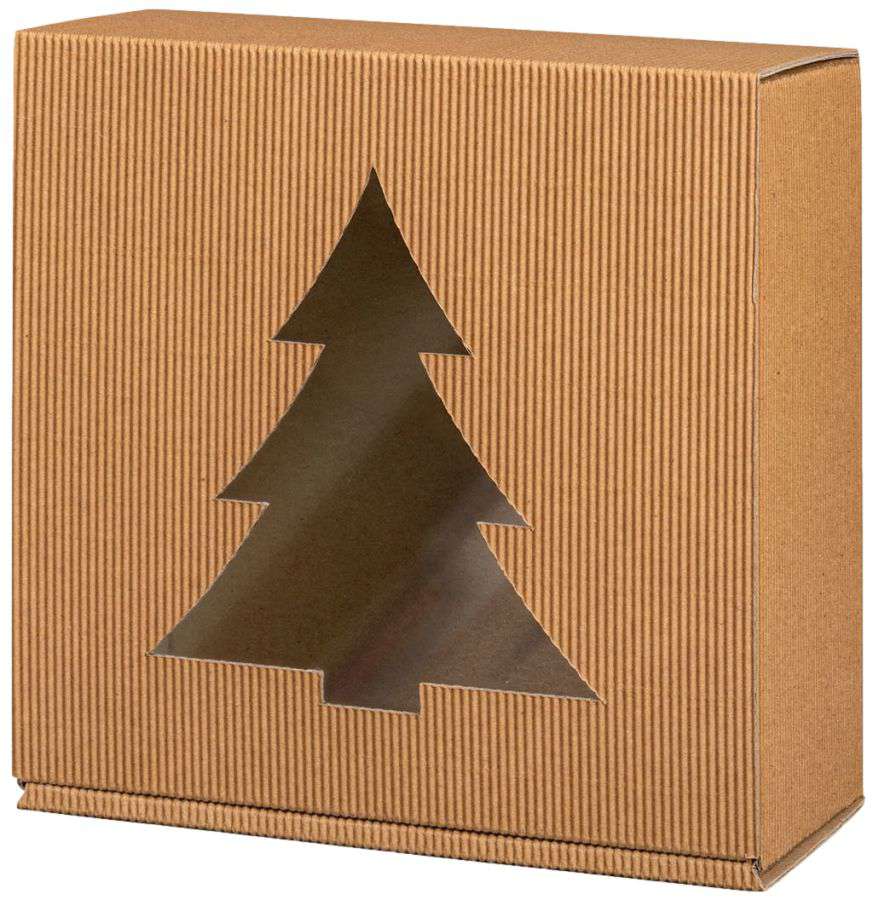 Geschenkbox Allrounder offene Welle mit Folienfenster "Tannenbaum" 200 x 200 x 100 mm, braun