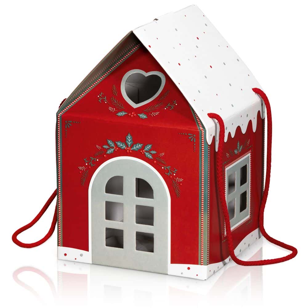 Geschenkbox Gourmet Häuschen Rot mit Stoffhenkel und Fenster 200 x 200 x 180/290 mm (mittel) Geschenkbox Gourmet Häuschen Rot mit Stoffhenkel und Fenster 200 x 200 x 180/290 mm (mittel)