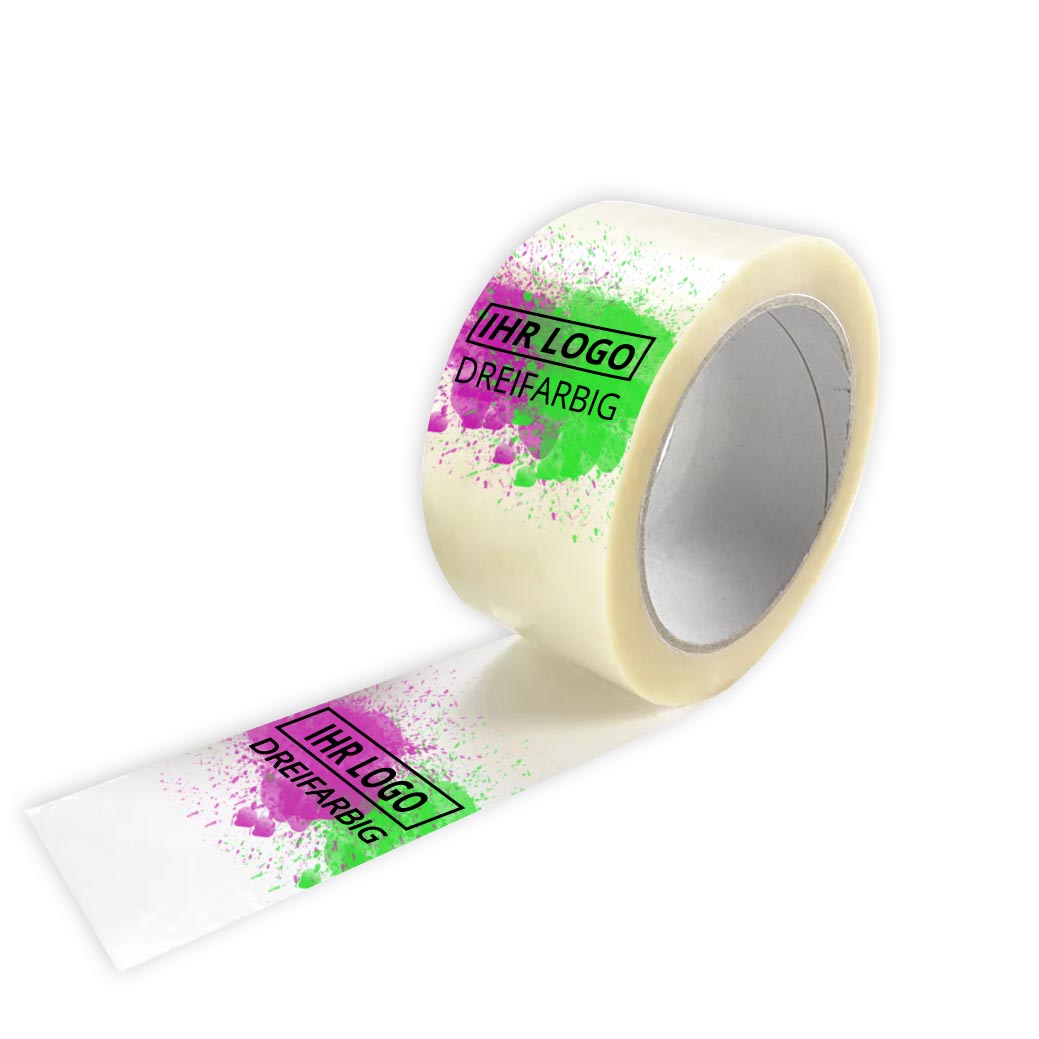 PP Klebeband transparent, individuell bedruckt, Naturkautschuk, 48 mm x 66 m, 25 µ 3-farbig