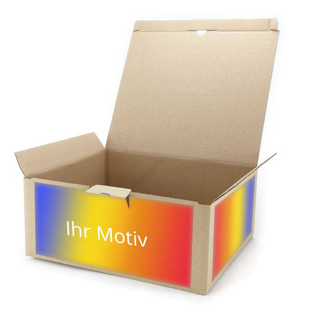 350 x 300 x 150 mm Warensendungs-Karton braun (Außenmaß) mit Digitaldruck 2-seitig bedruckt (zwei nebeneinander liegende Seiten) maximale Druckfläche
