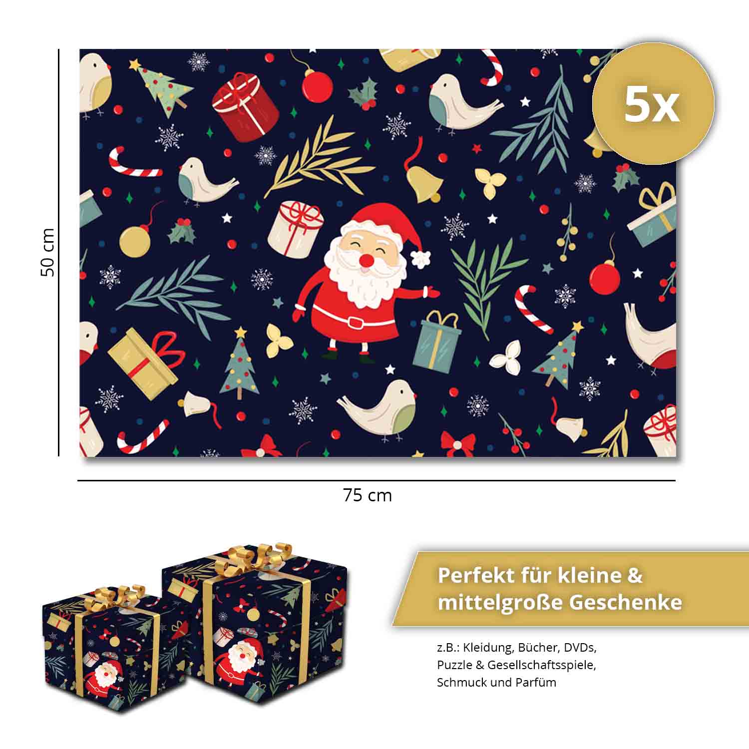 Geschenkpapier für Weihnachten, 5 Bögen Premium Geschenkpapier 75 x 50cm
