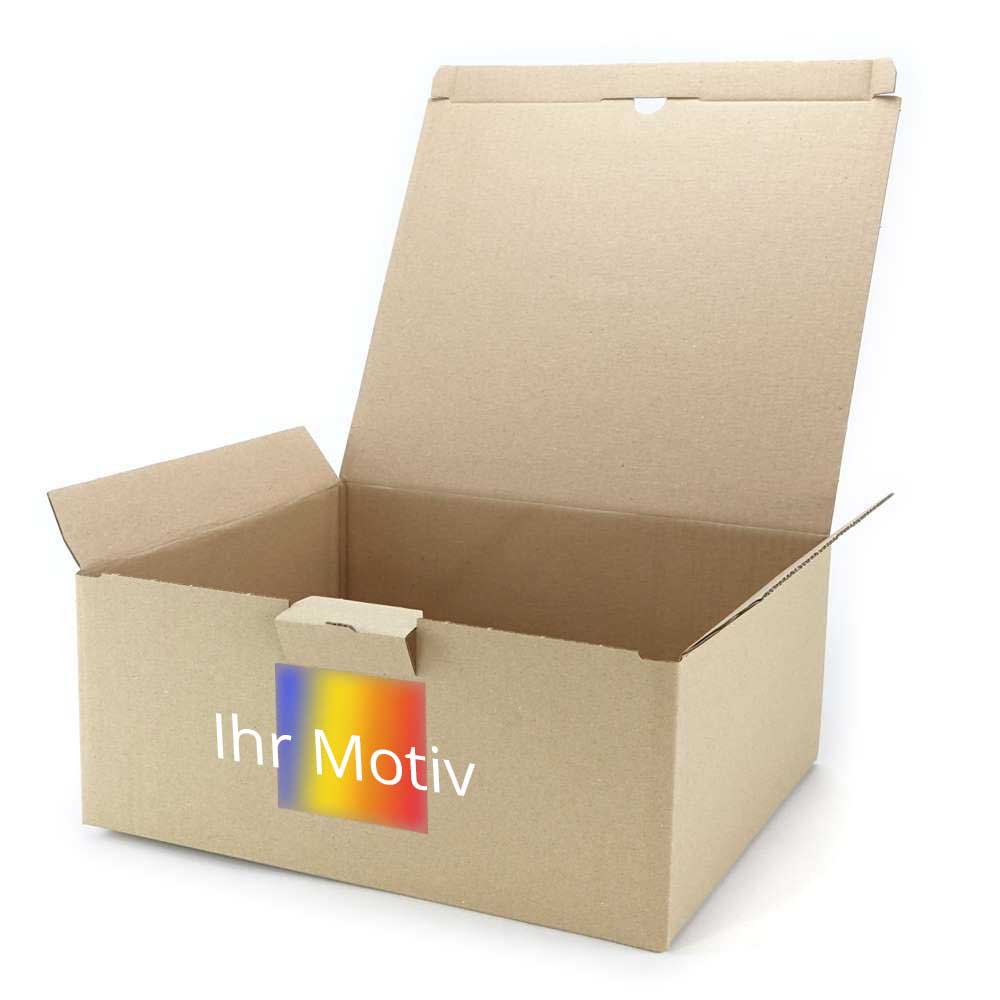 350 x 300 x 150 mm Warensendungs-Karton braun (Außenmaß) mit Digitaldruck 2-seitig bedruckt (zwei gegenüberliegende Seiten) freie Positionierung - Druckfläche bis 30 %