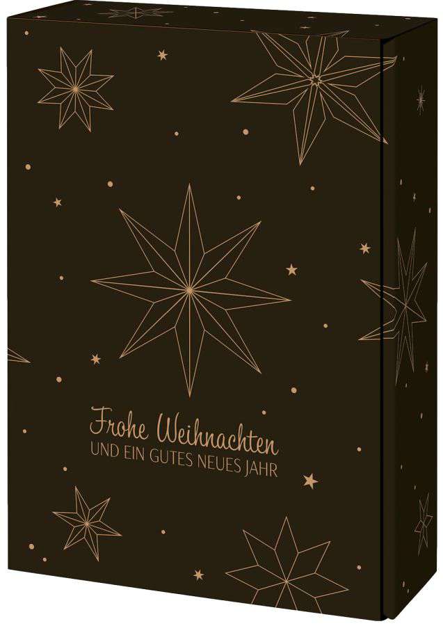 Geschenkbox schwarz/natur "Weihnachtssterne" 3er Wein/Sekt