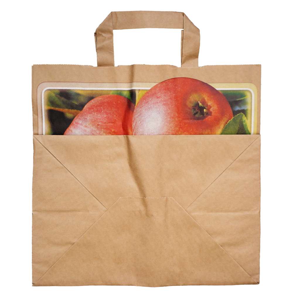 braune Kraft Papiertragetasche bedruckt, 260 + 170 x 250 mm *Apfel*