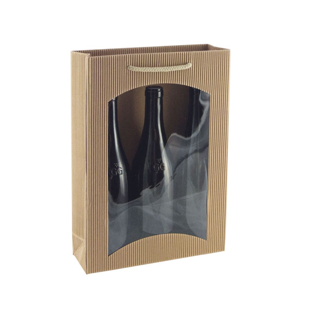 Geschenktüten offene Welle, Kordel und Folienfenster, 255 x 85 x 360 mm, natur