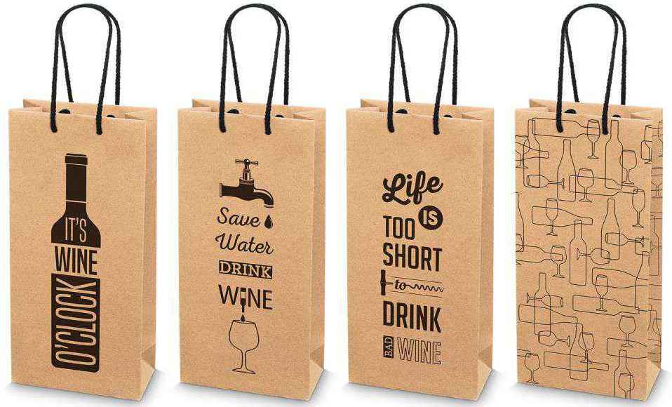 Tragetasche Kraftpapier Natur 4er Set mit Aufdruck für 2er Wein/Sekt Design "Wine"