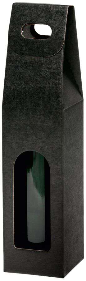 Geschenkbox Strukturprägung mit Tragegriff und Fenster 1er Wein/Sekt schwarz/natur