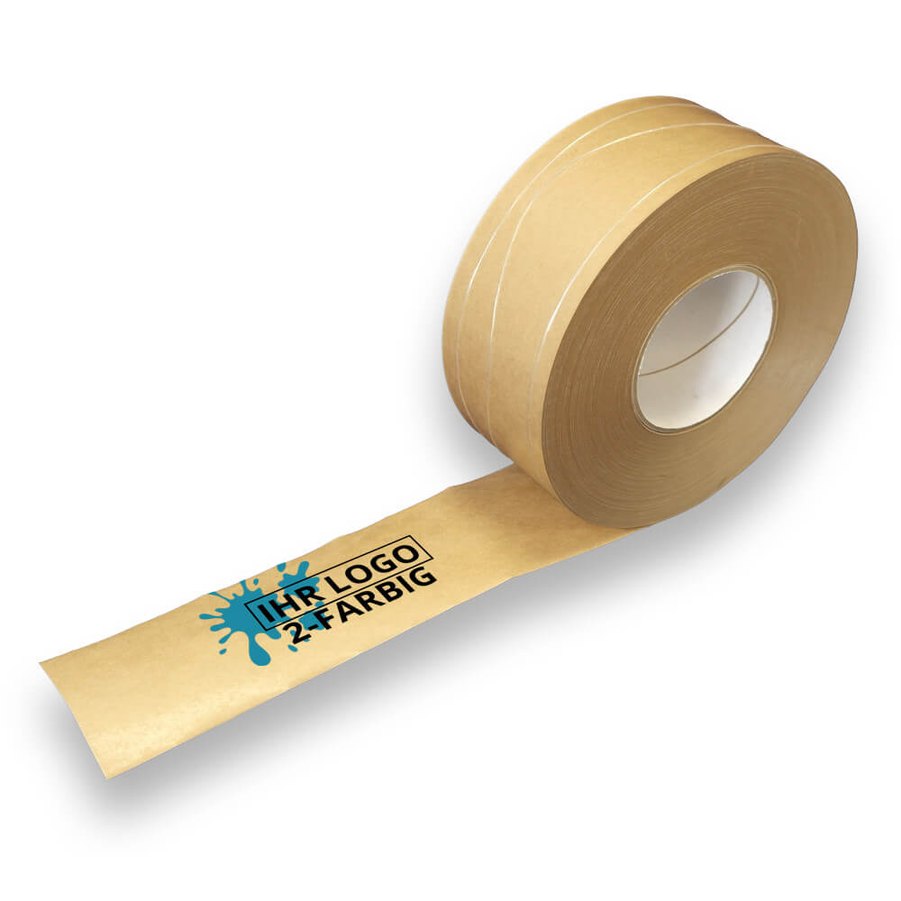 Nassklebeband Fadenverstärkt Stärkeleim individuell bedruckt braun, 70 mm x 200 m, 2-farbig