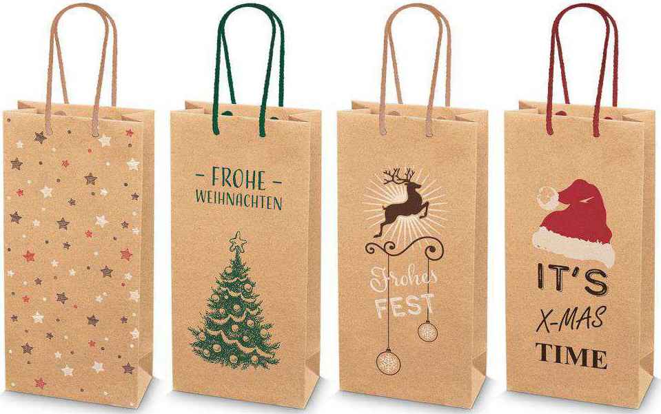 Tragetasche Kraftpapier Natur 4er Set mit Aufdruck für 2er Wein/Sekt Design "Weihnachten"