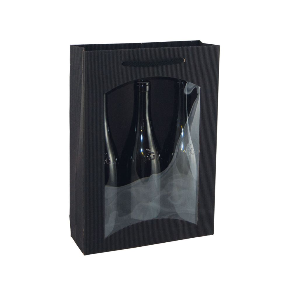 Geschenktüten offene Welle, Kordel und Folienfenster, 255 x 85 x 360 mm, schwarz