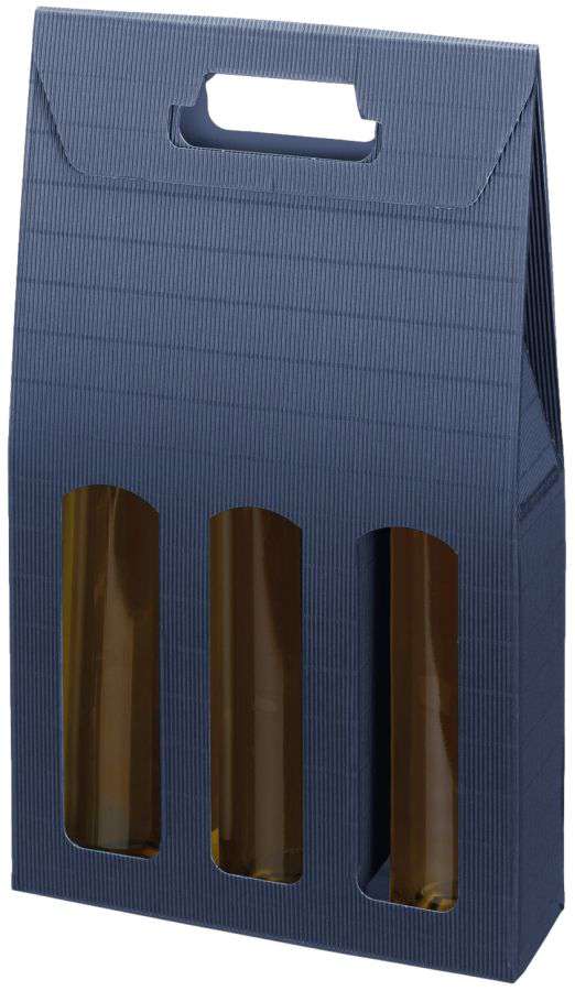 Geschenkbox offene Welle mit Tragegriff und Fenster 3er Wein/Sekt dunkelblau